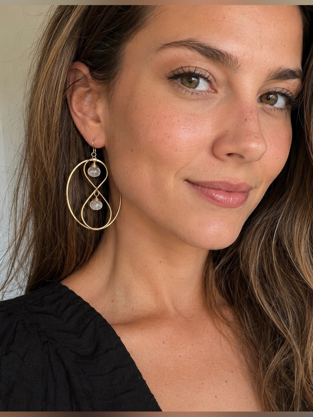 Boho Gold Tone Figure 8 Hoop Clear Stone Statement Earrings